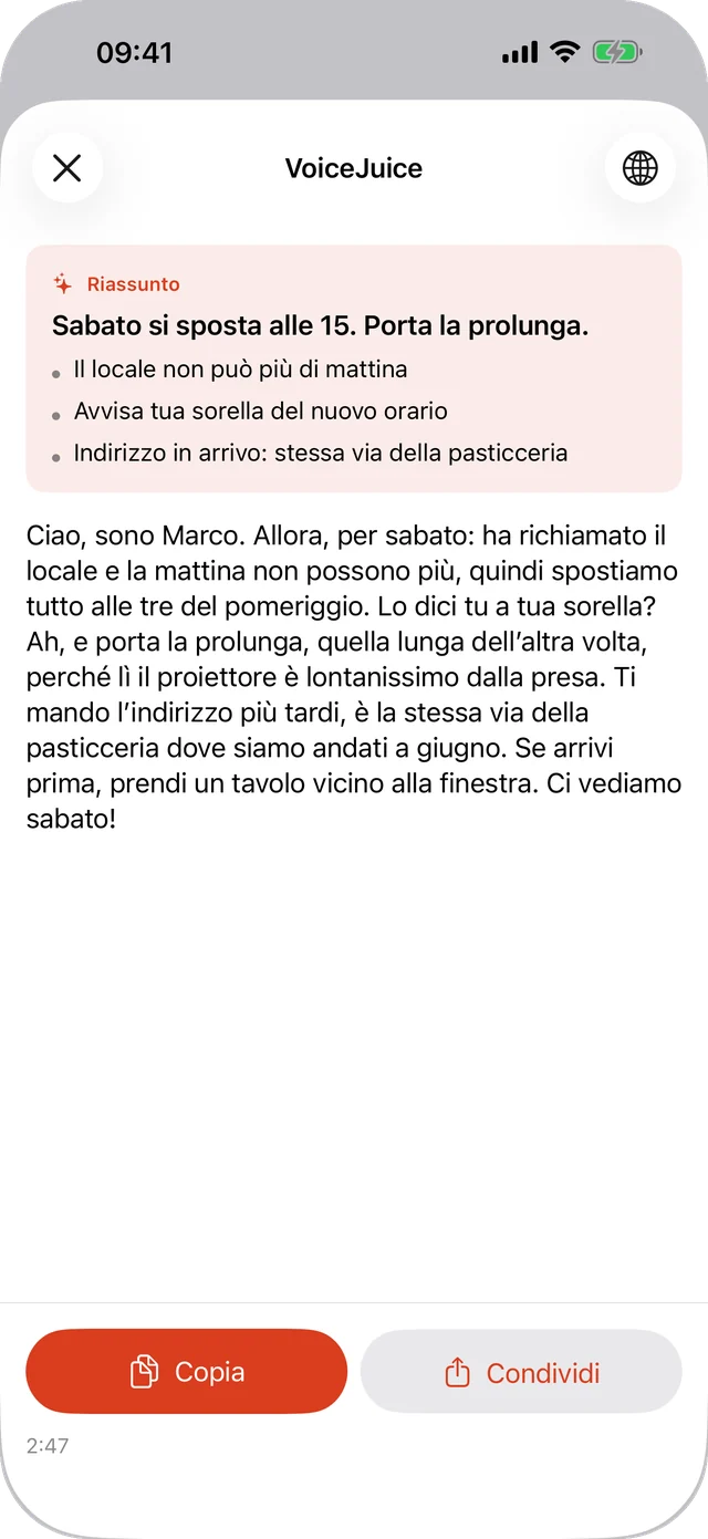 Pannello di VoiceJuice sopra la chat: in alto il riassunto del vocale di Marco, sotto la trascrizione completa, con i pulsanti Copia e Condividi.